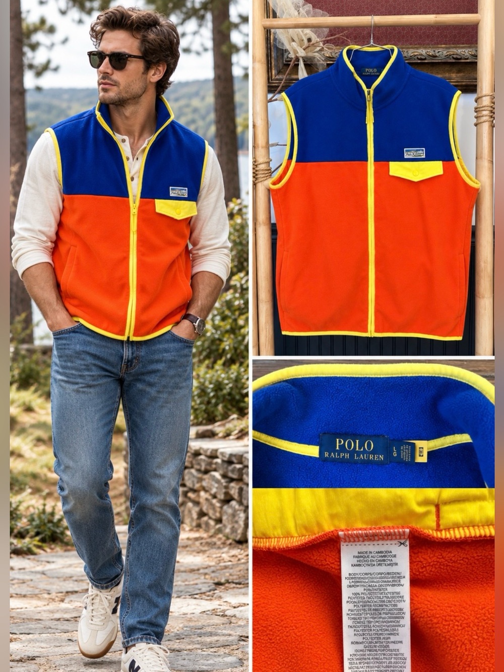 Polo Ralph Lauren Colorblock Fleece Full Zip Vest Blue Orange Yellow Men’s L💛🍄